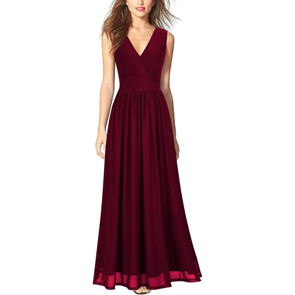 Women's Burgundy Sleeveless Deep V Neck Mesh Plain Long Maxi Casual Dress